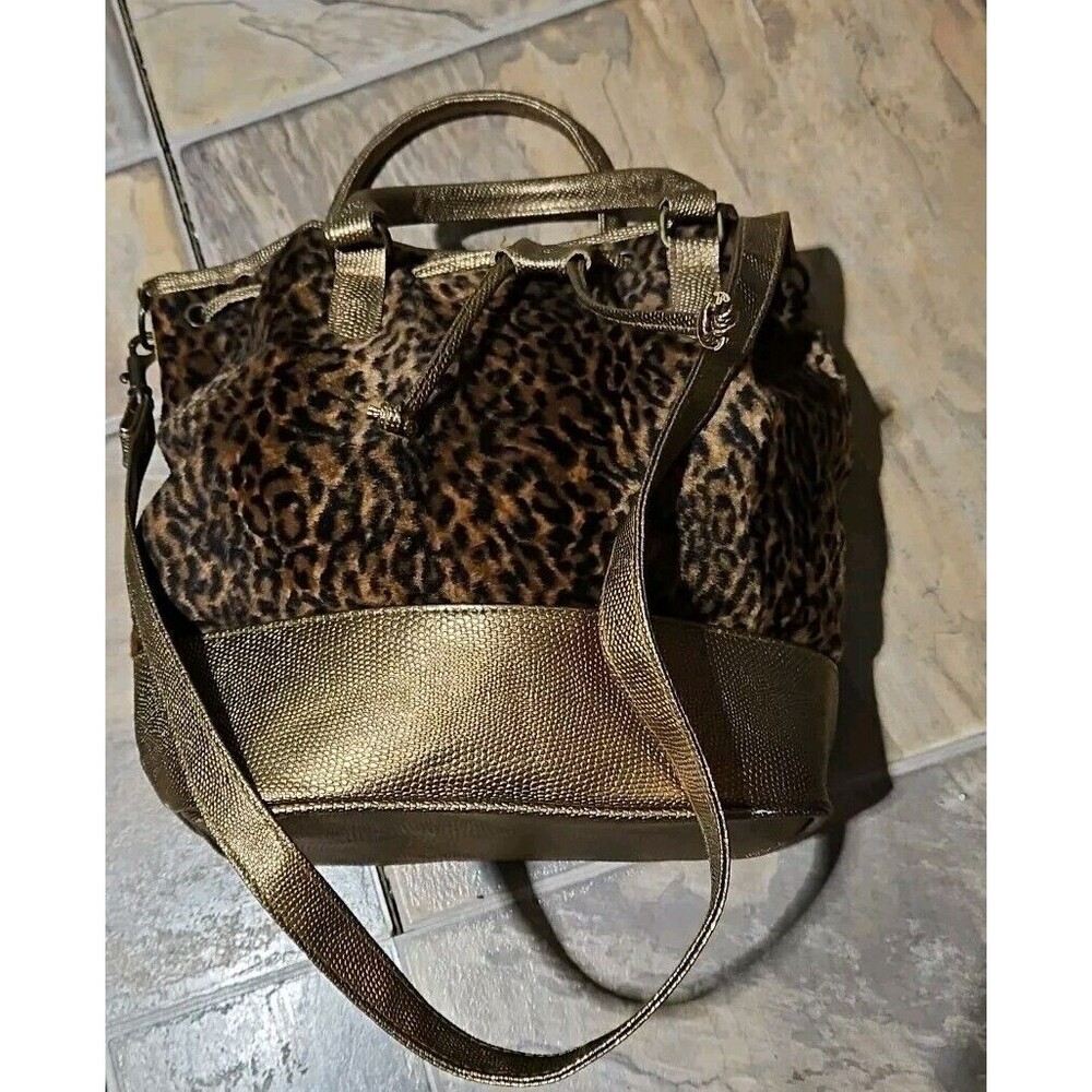 Tianni Purse Crossbody Animal Fleece Print Cheetah Gold Pockets Zipper Dbl Strap